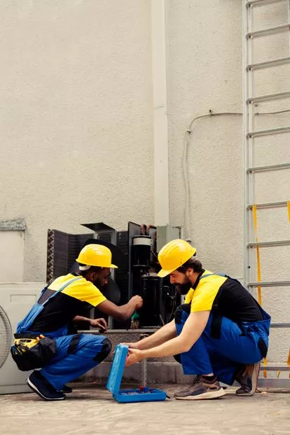 Two professional HVAC technicians in safety gear and blue uniforms performing a seasonal repair on an exterior air conditioning unit.
