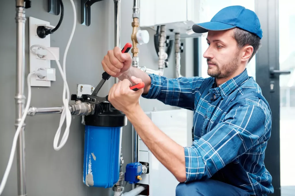 A professional plumber in a blue cap and checkered shirt using a red-handled wrench to install a large blue water filtration system.