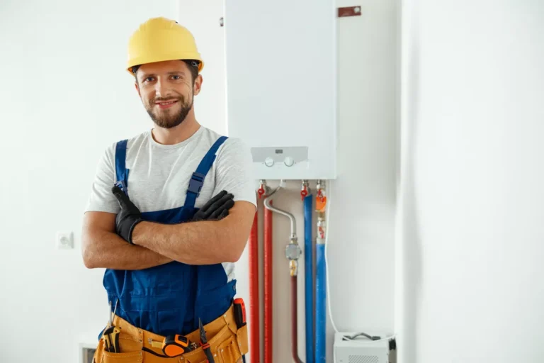 A smiling HVAC technician in safety gear standing next to a modern high-efficiency water heater and color-coded plumbing lines.