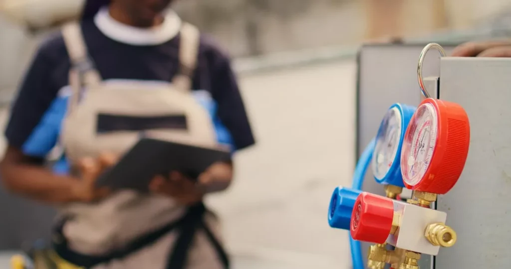 A skilled HVAC technician using a digital tablet and manifold gauges to inspect a commercial rooftop heating and cooling unit.